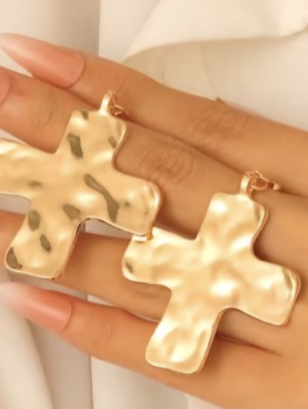 Gold-Tone Large Hammered Cross Drop Earrings - Women Jewelry New